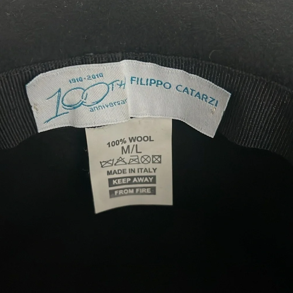 FILIPPO CATARZI 100% Wool Black Fedora Hat Aztec Trim Size Medium/Large Italy